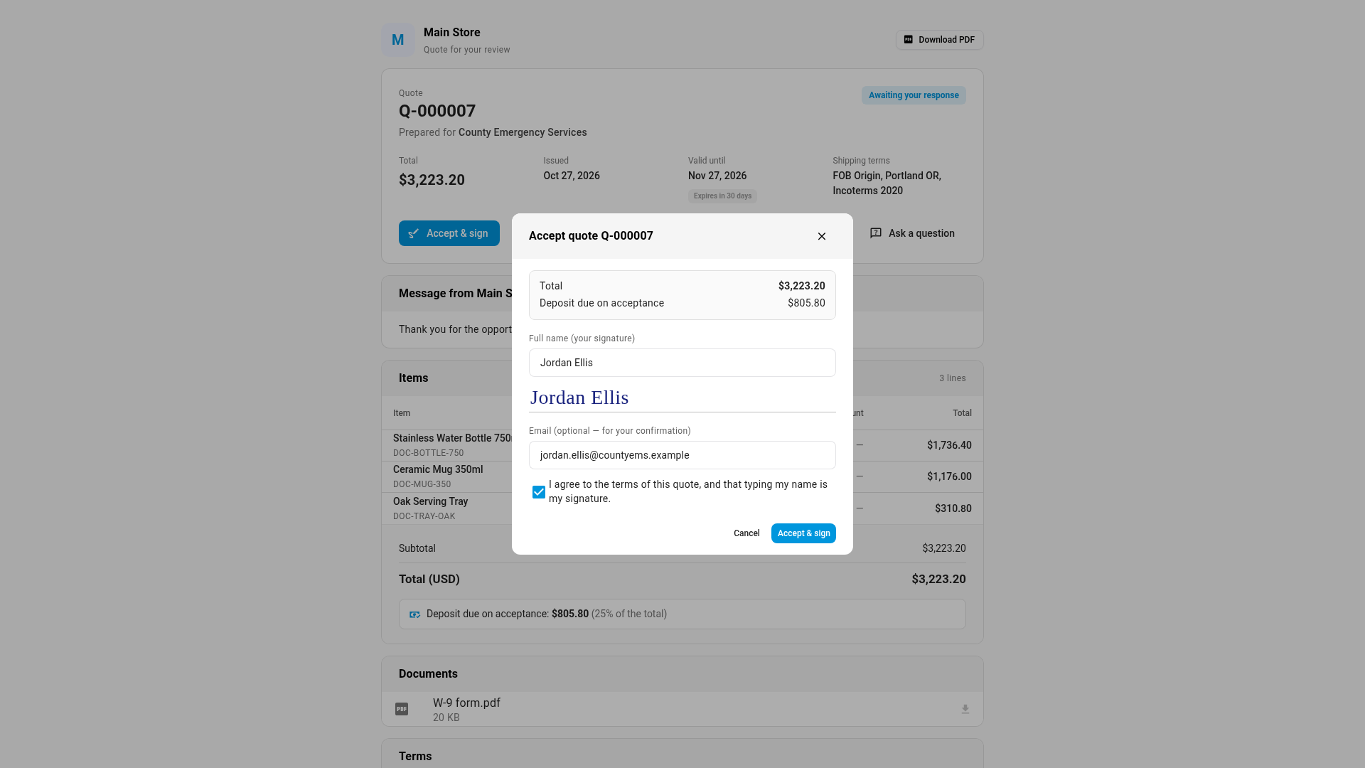 The Accept quote dialog with the total and deposit, a typed name shown as a signature, an email for the confirmation and the agree box ticked