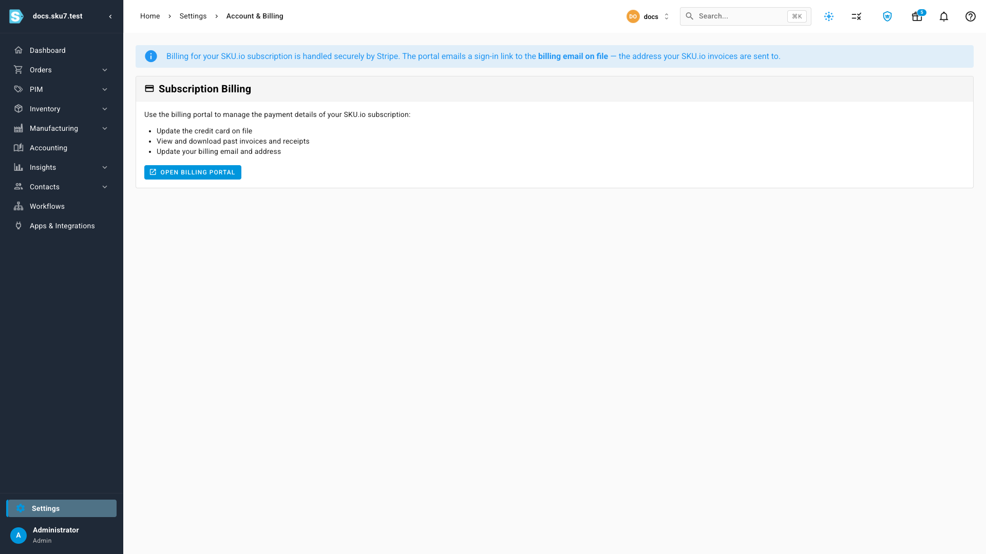 The Subscription Billing page with the Open Billing Portal button