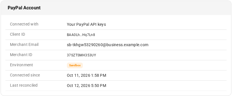 The PayPal Account card of a connected account