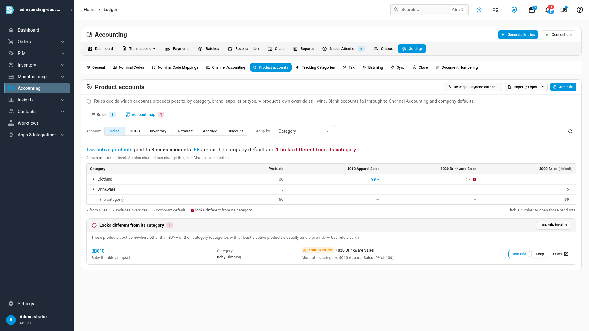 The account map: 100 apparel products post to 4010 Apparel Sales, and one product with an old override is flagged as different from its category