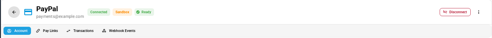 A PayPal account's header with its status chips and the Account, Pay Links, Transactions and Webhook Events tabs