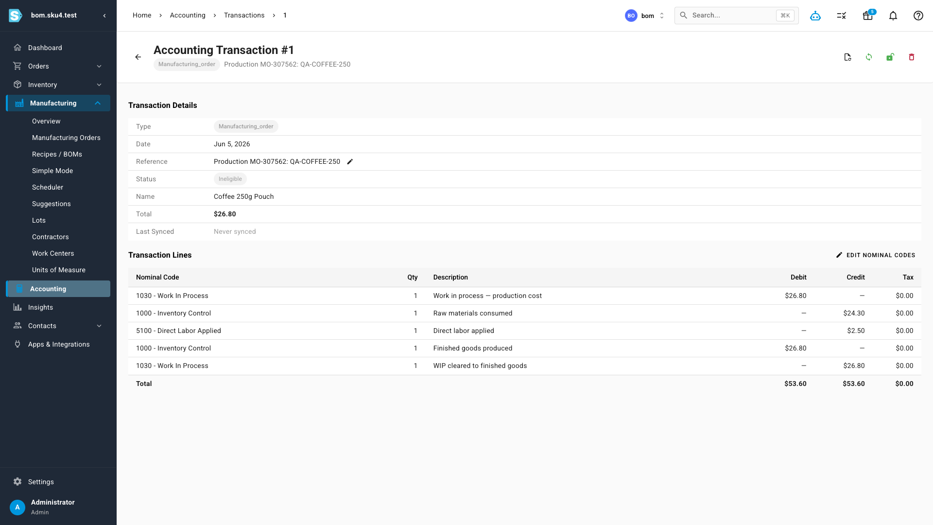 The automatically posted work-in-process accounting journal for a completed run, in balanced debits and credits