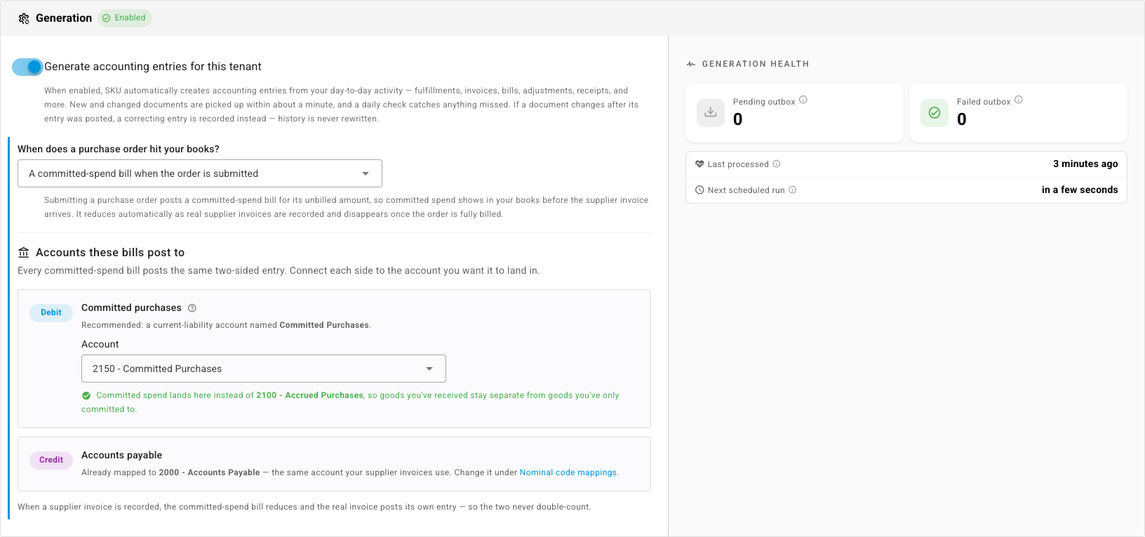The Generation card showing the purchase order accounting policy and the accounts committed-spend bills post to