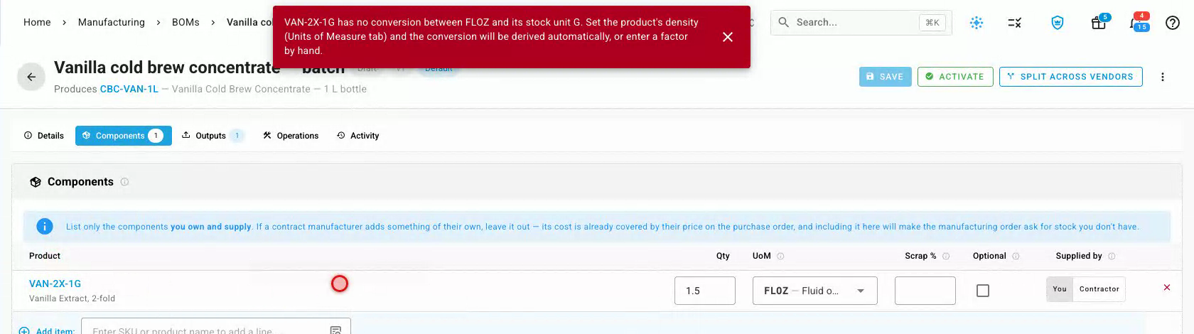 Activating a recipe is refused: the vanilla has no conversion between fluid ounces and its stock unit, grams