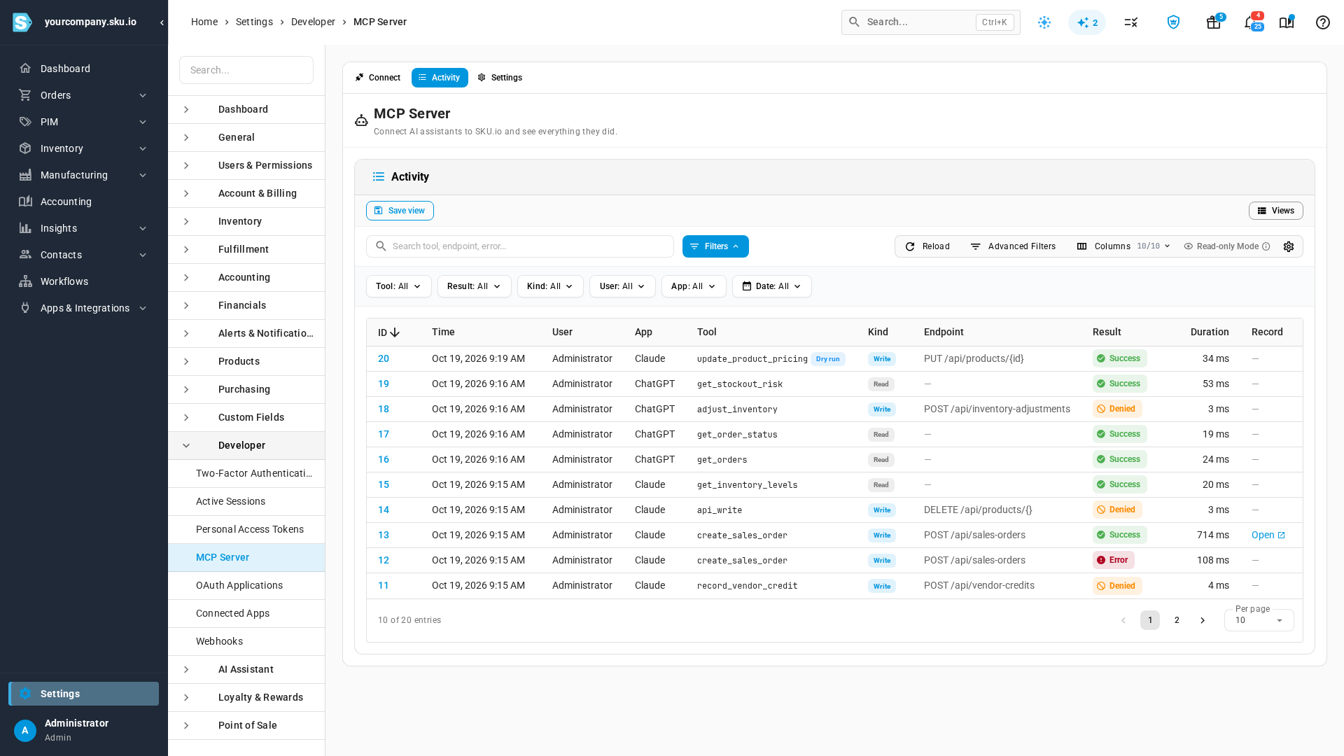 The Activity tab listing calls from Claude and ChatGPT with their tool, endpoint, result (Success, Denied or Error), duration and a link to the record