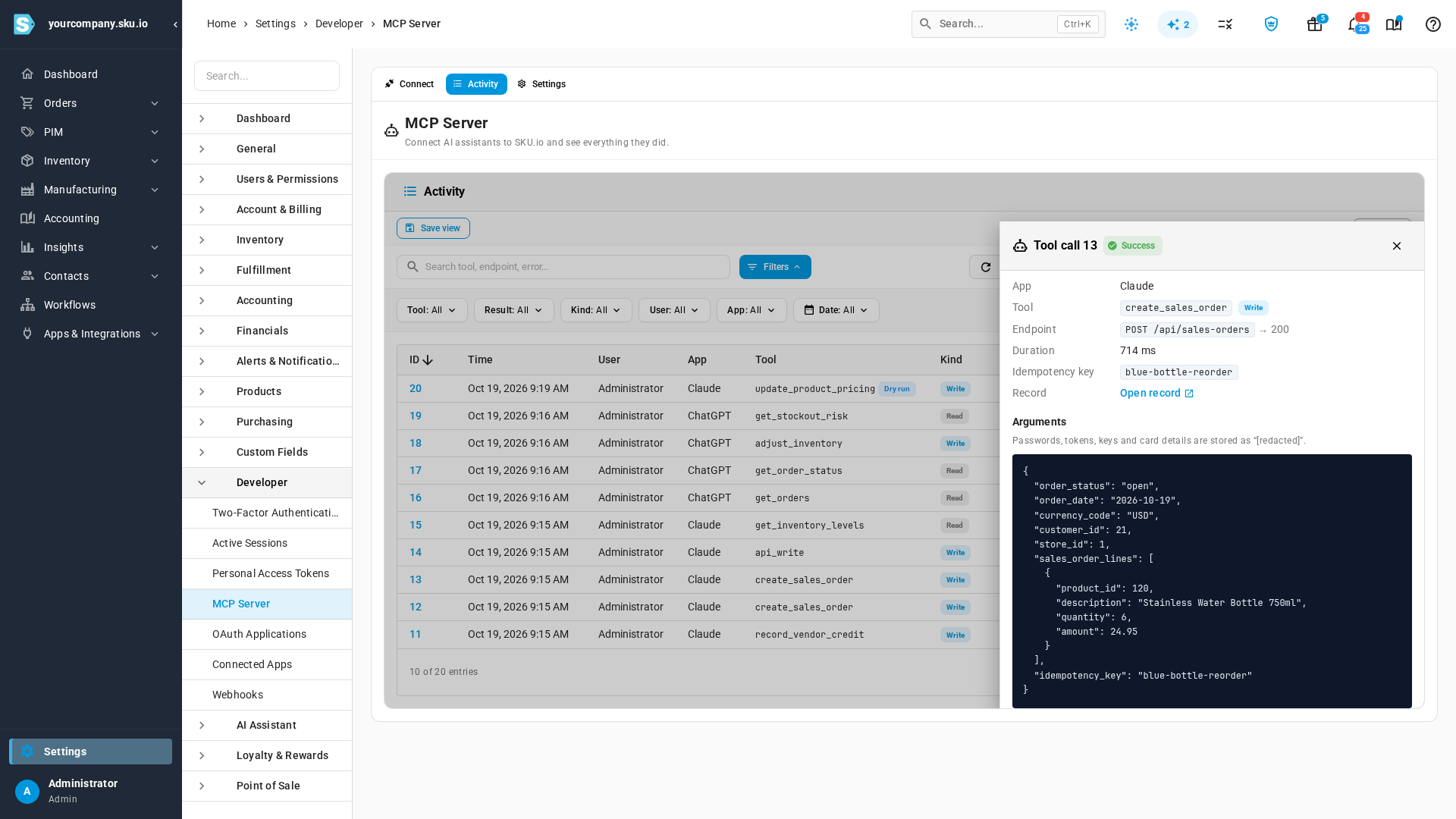 A call's details: the app, tool, endpoint, duration, idempotency key, an Open record link and the arguments it sent