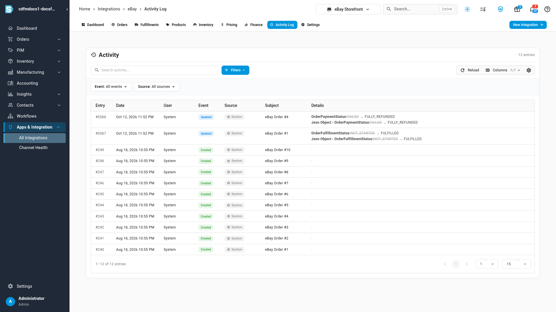The Activity Log for an eBay connection, with recent order updates and the old and new values