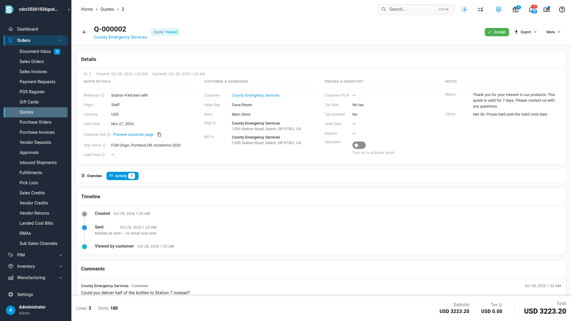 The Activity tab of a viewed quote, with Created, Sent and Viewed by customer on the Timeline
