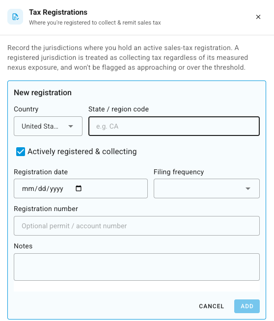 Adding a sales tax registration