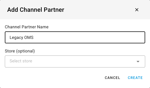 The Add Channel Partner dialog with the name Legacy OMS