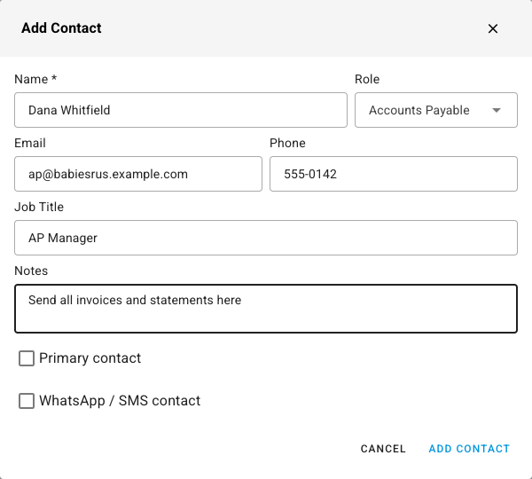 The Add Contact dialog for an Accounts Payable contact
