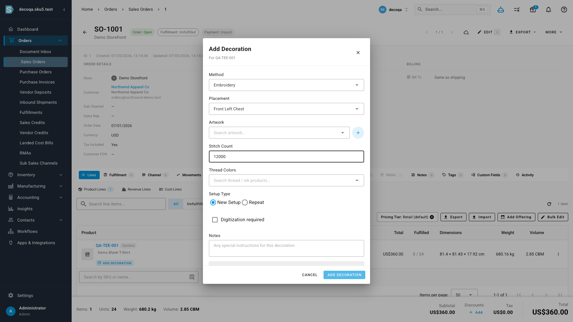 The Add Decoration editor on a sales-order line, showing method, placement, artwork, stitch count and setup fields