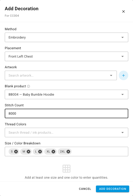 The Add Decoration dialog with embroidery on the front left chest, a blank hoodie and an 8,000-stitch count