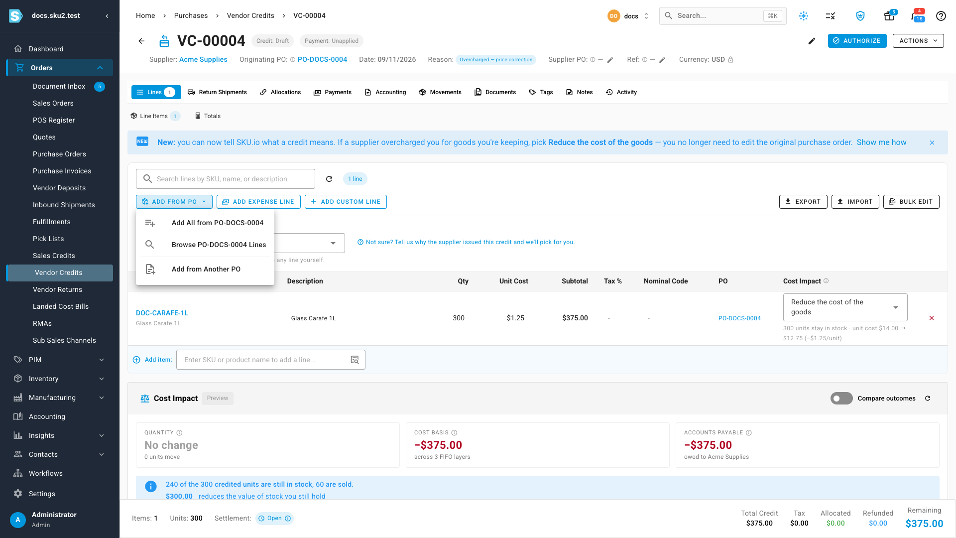 The Add from PO menu, listing the order already on the credit and Add from Another PO