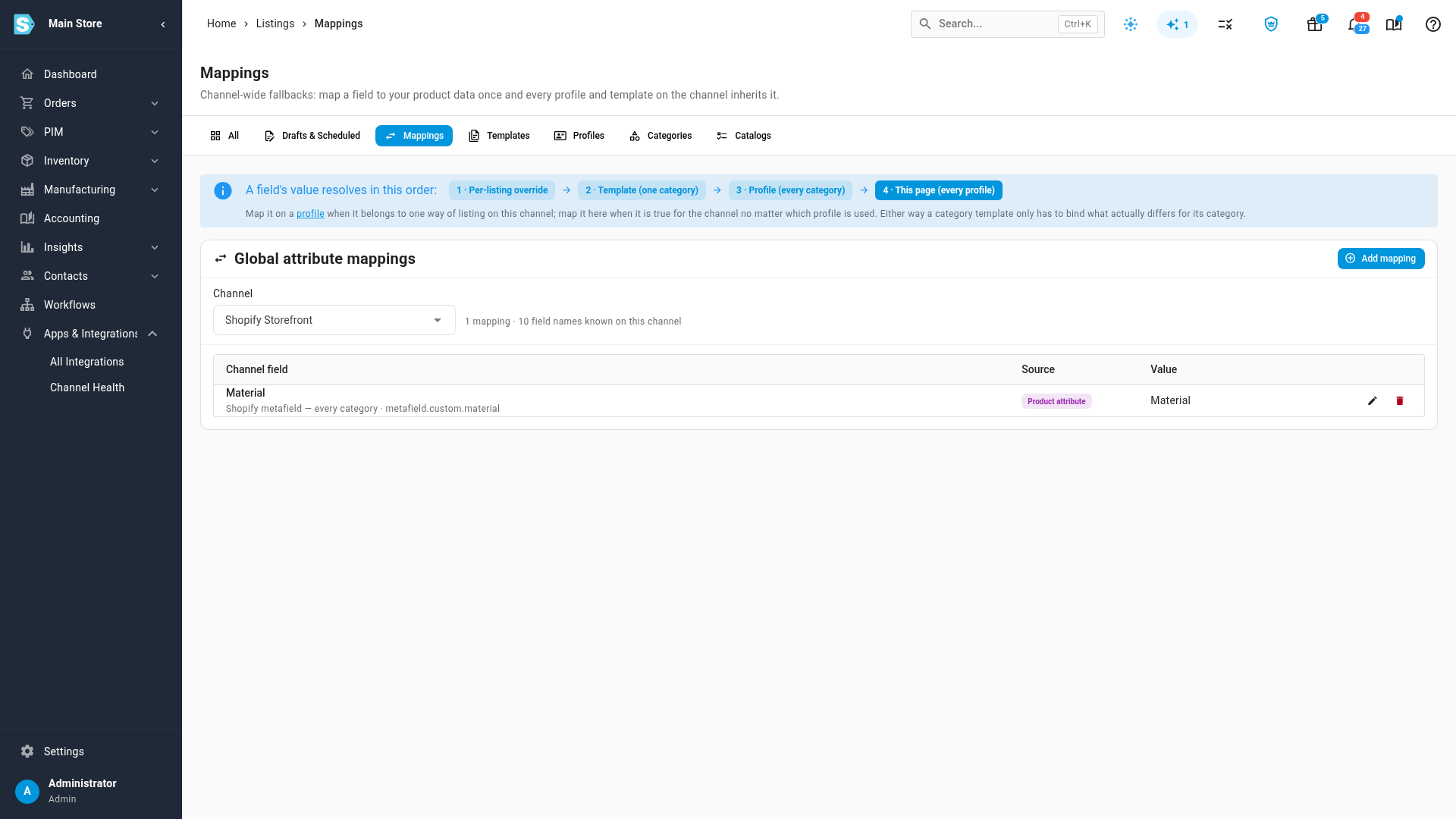 The listing mappings page with the Material metafield mapped from the Material product attribute