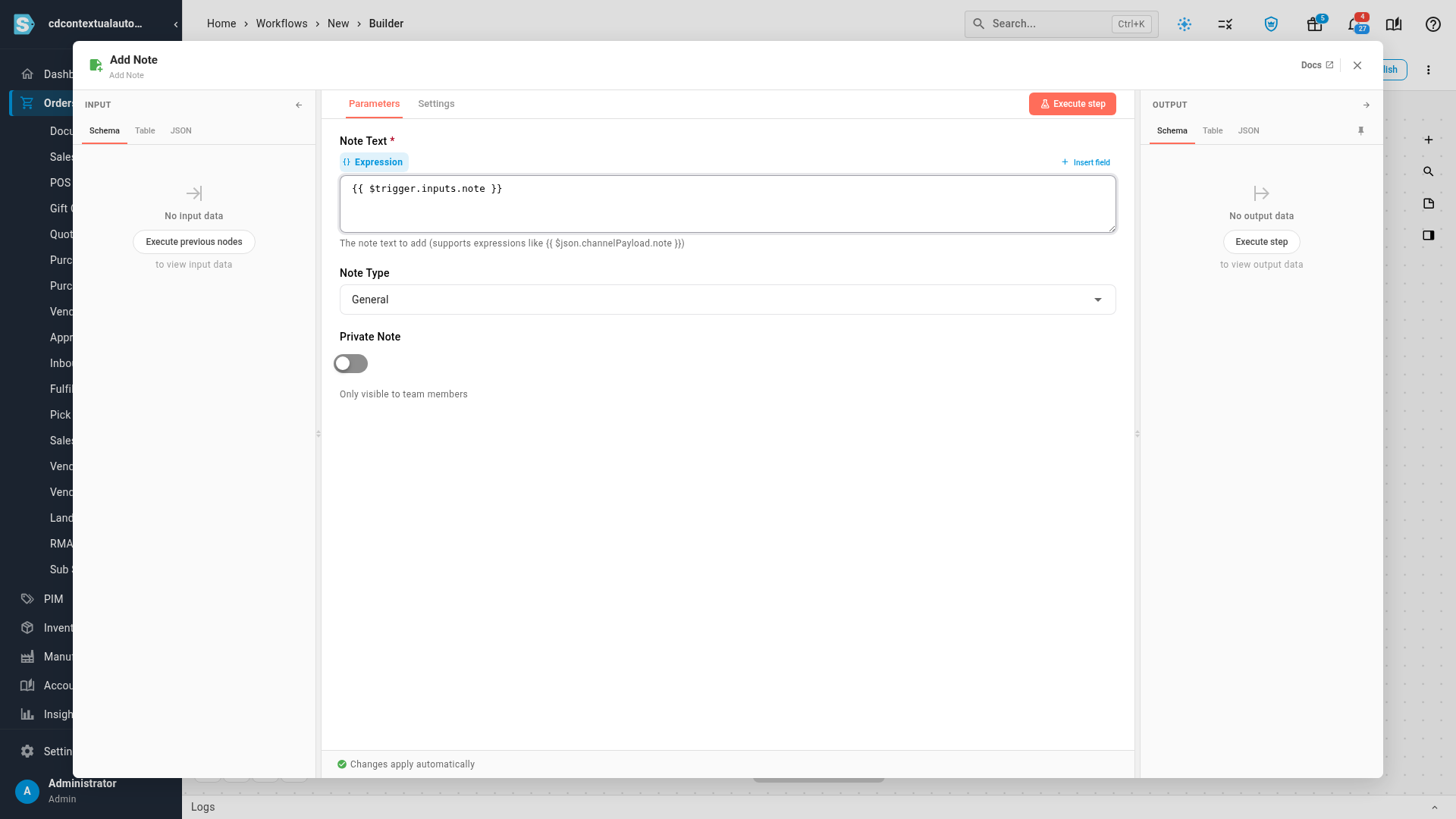The Add Note step with its note text set to the trigger's note input