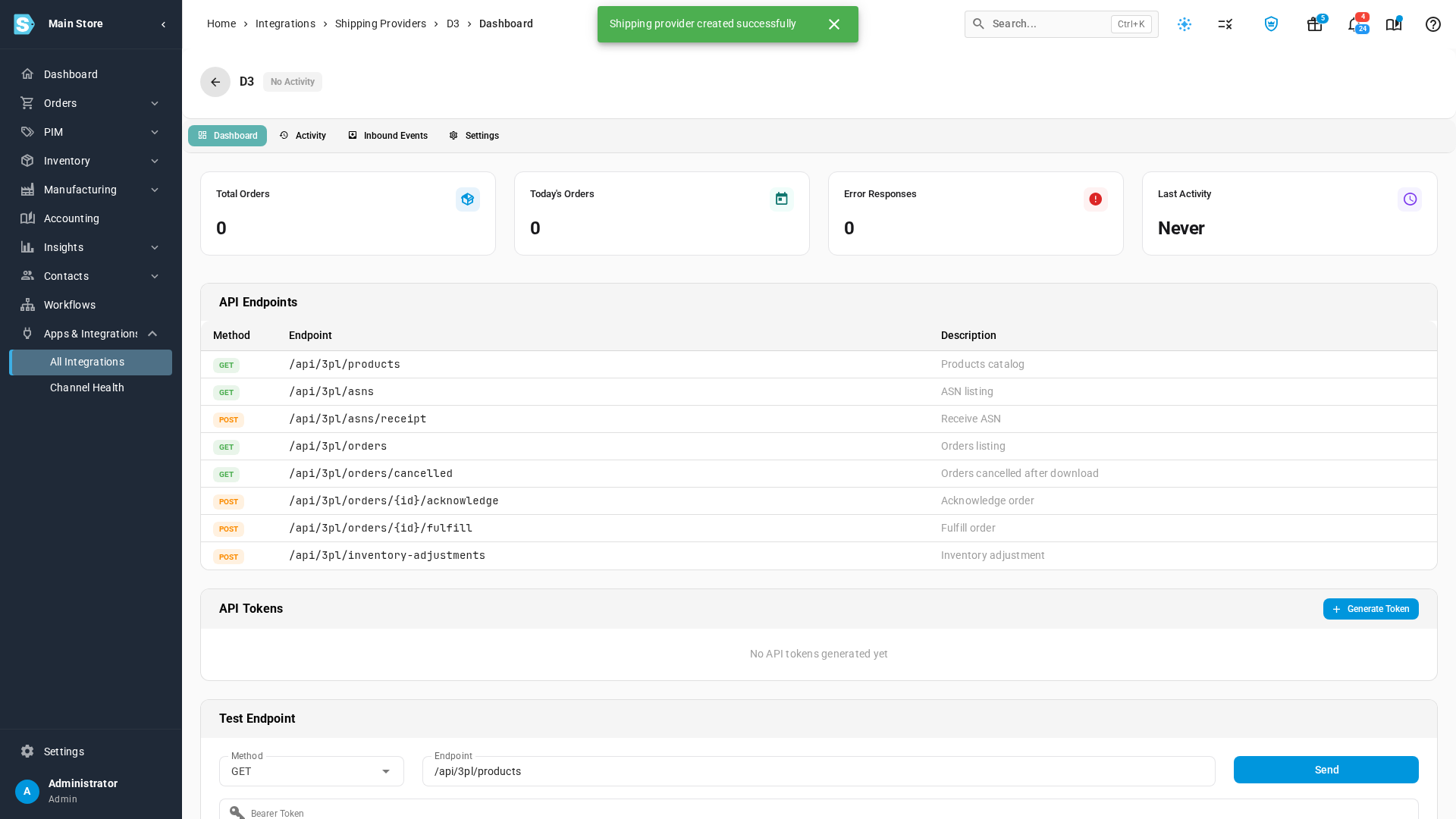 The Add API Shipping Provider page with Provider Name set to D3