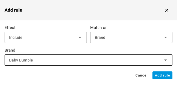The Add rule window, set to include the brand Baby Bumble