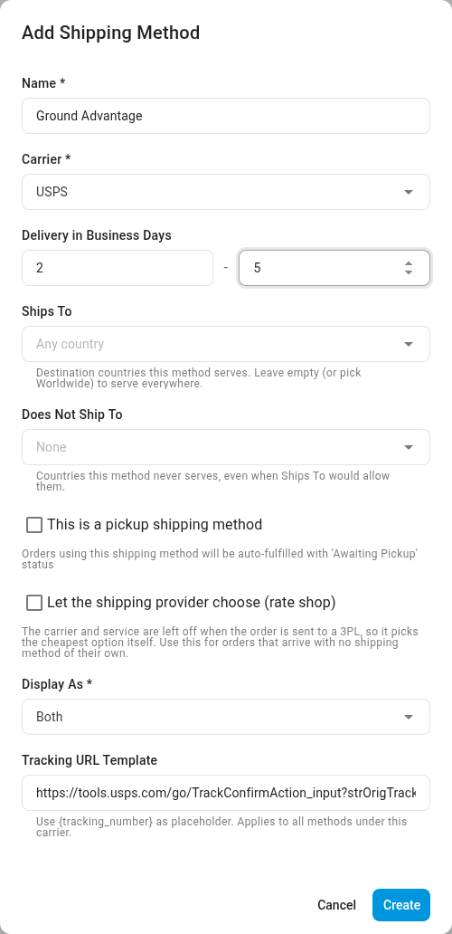 The Add Shipping Method dialog with a name, carrier and delivery days filled in
