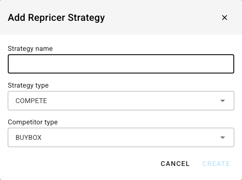 The Add Repricer Strategy dialog with Strategy name, Strategy type and Competitor type