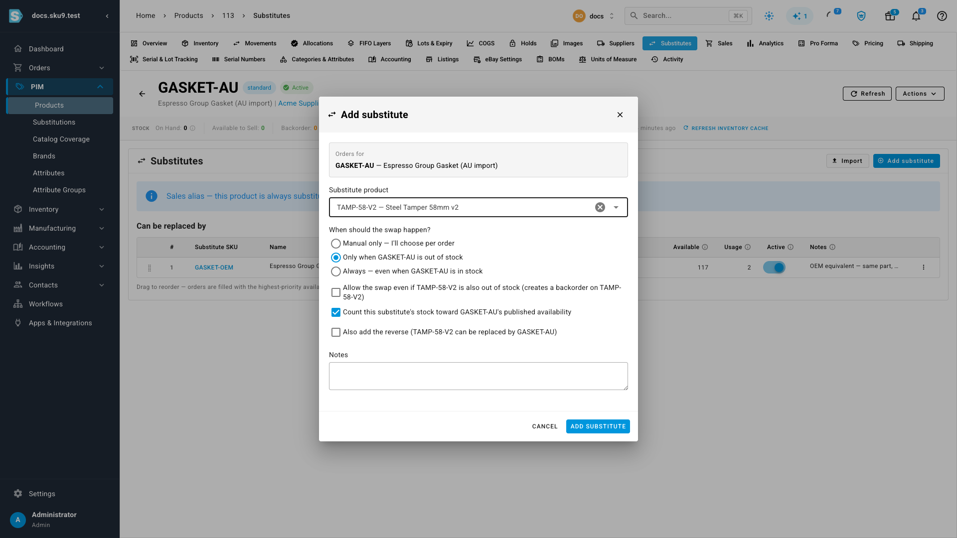 Add substitute dialog