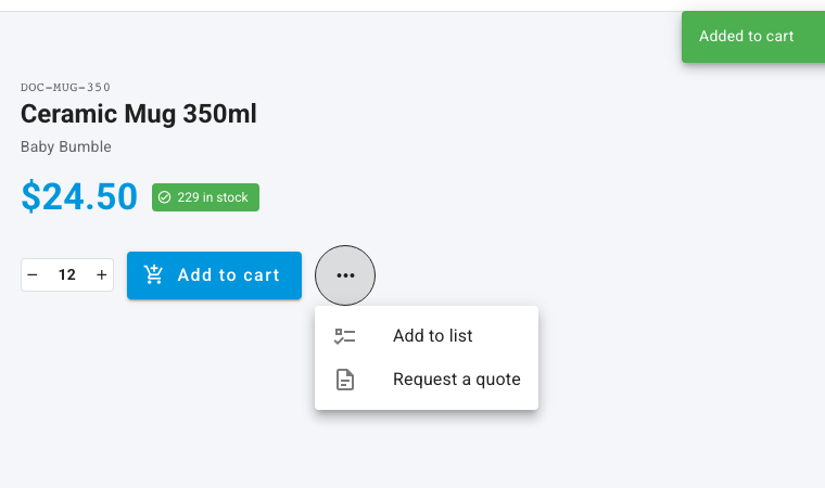 The product page's menu: Add to list and Request a quote
