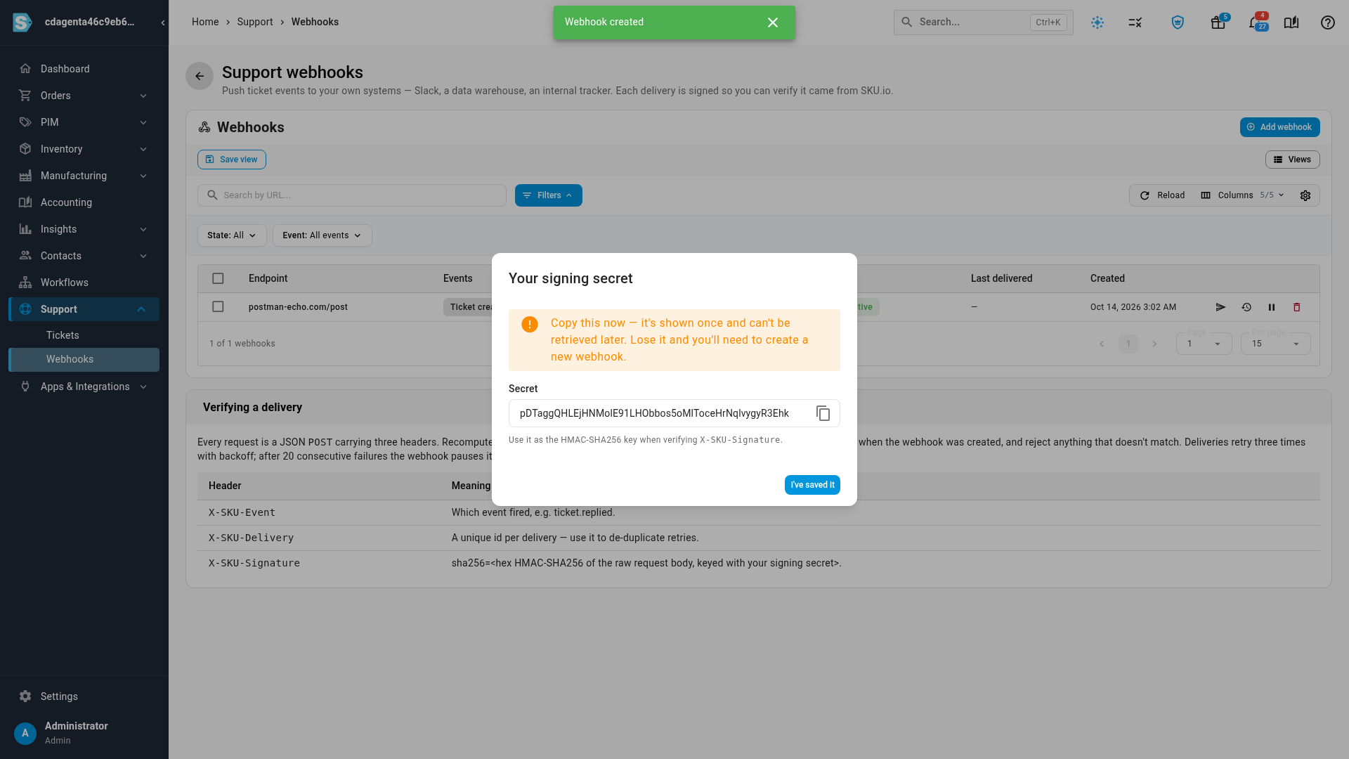 The Add webhook dialog with a web address in Endpoint URL and three of the four events ticked