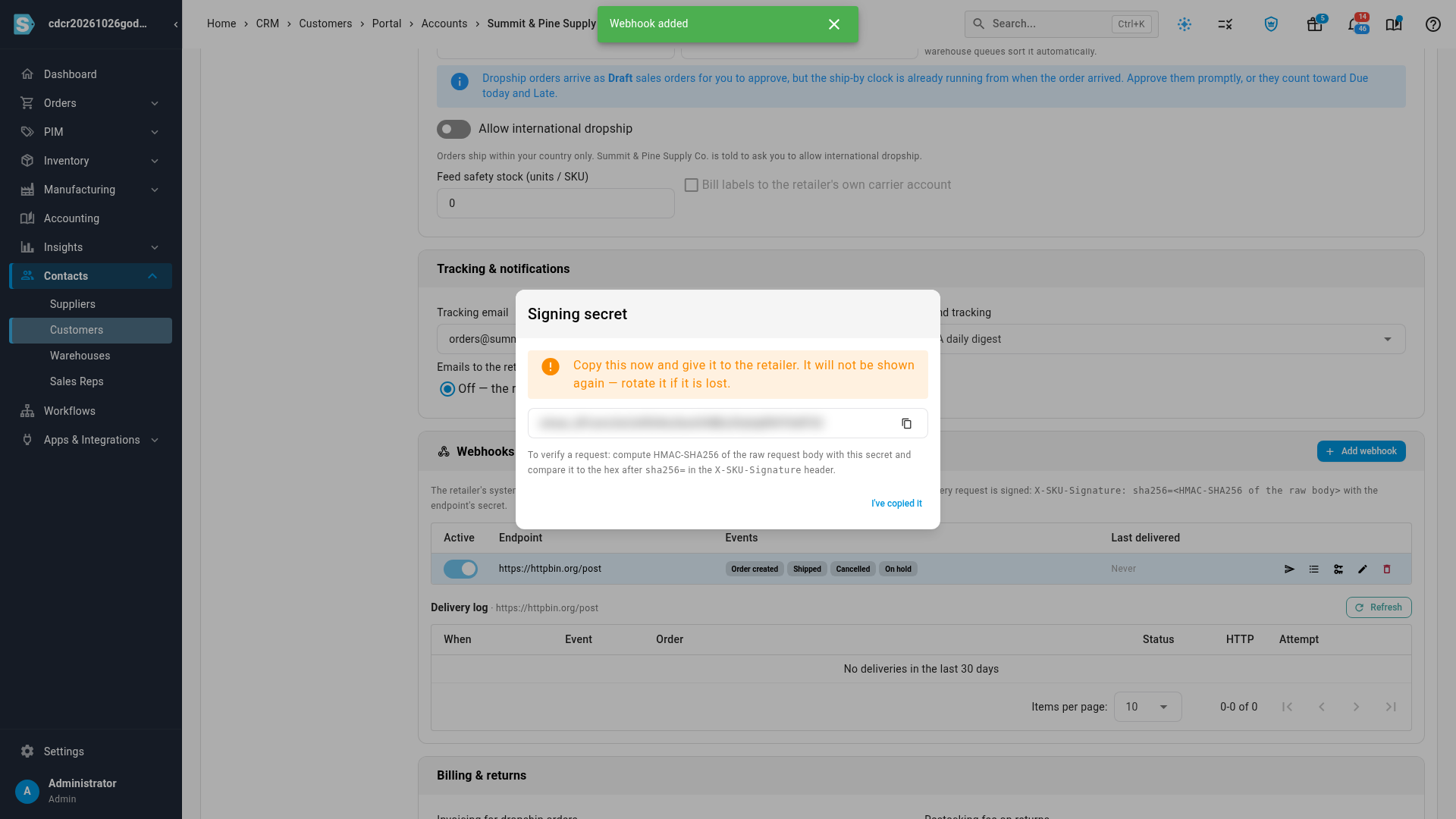 The Add webhook dialog with its four events