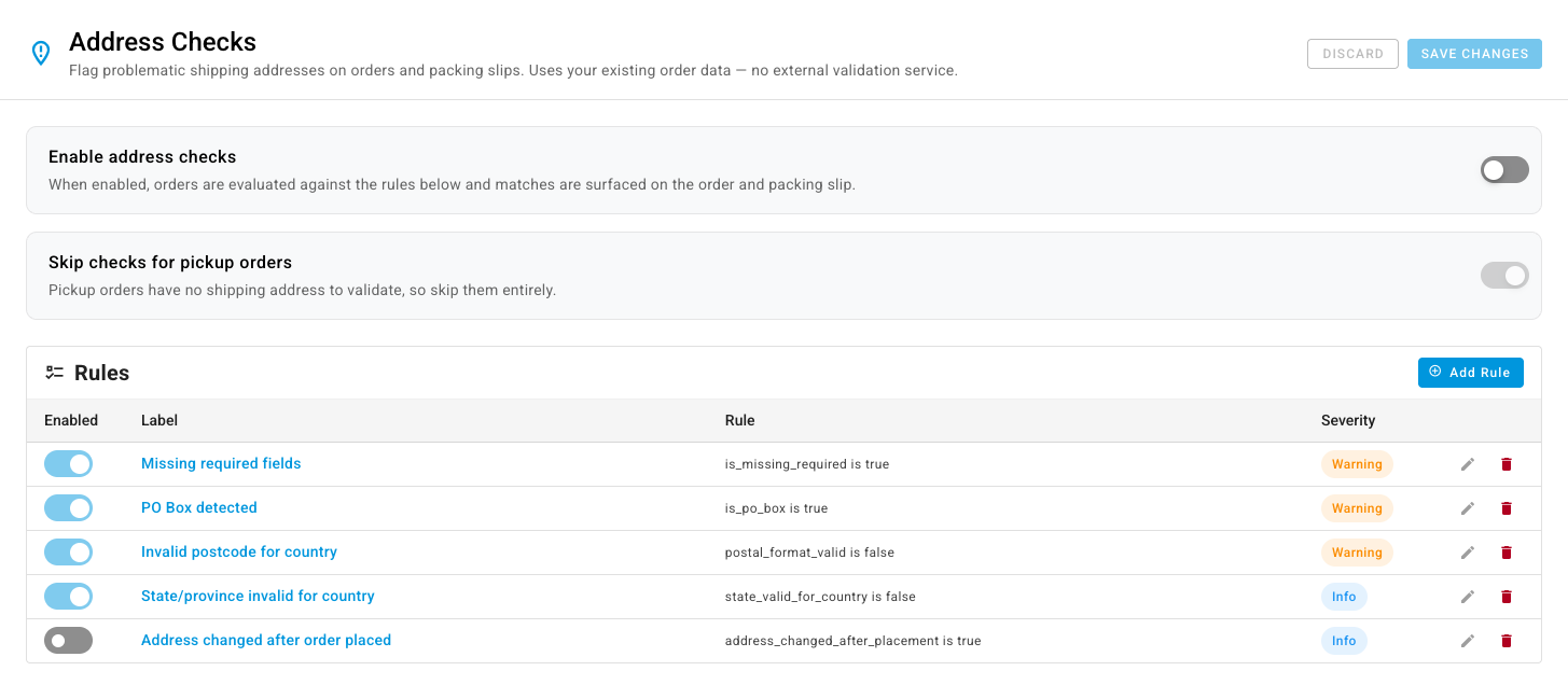 The Address Checks settings page, with the Enable address checks and Skip checks for pickup orders switches above the Rules table