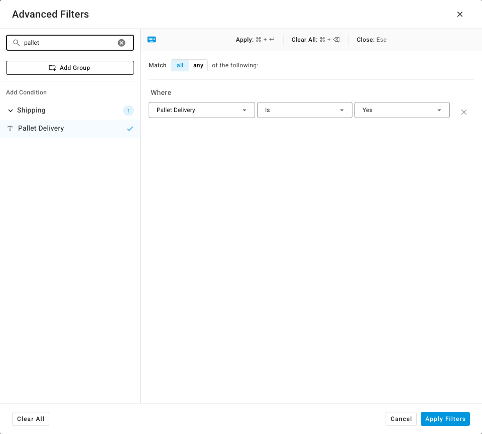 The Advanced Filters dialog with the Pallet Delivery condition set to Is Yes