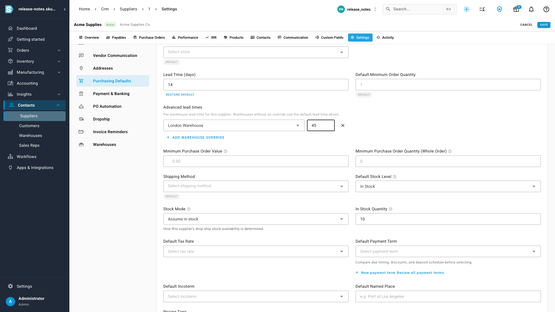 The supplier's Purchasing Defaults in edit mode: a default Lead Time of 14 days, and a new Advanced lead times section with a per-warehouse override of 45 days set for the London Warehouse