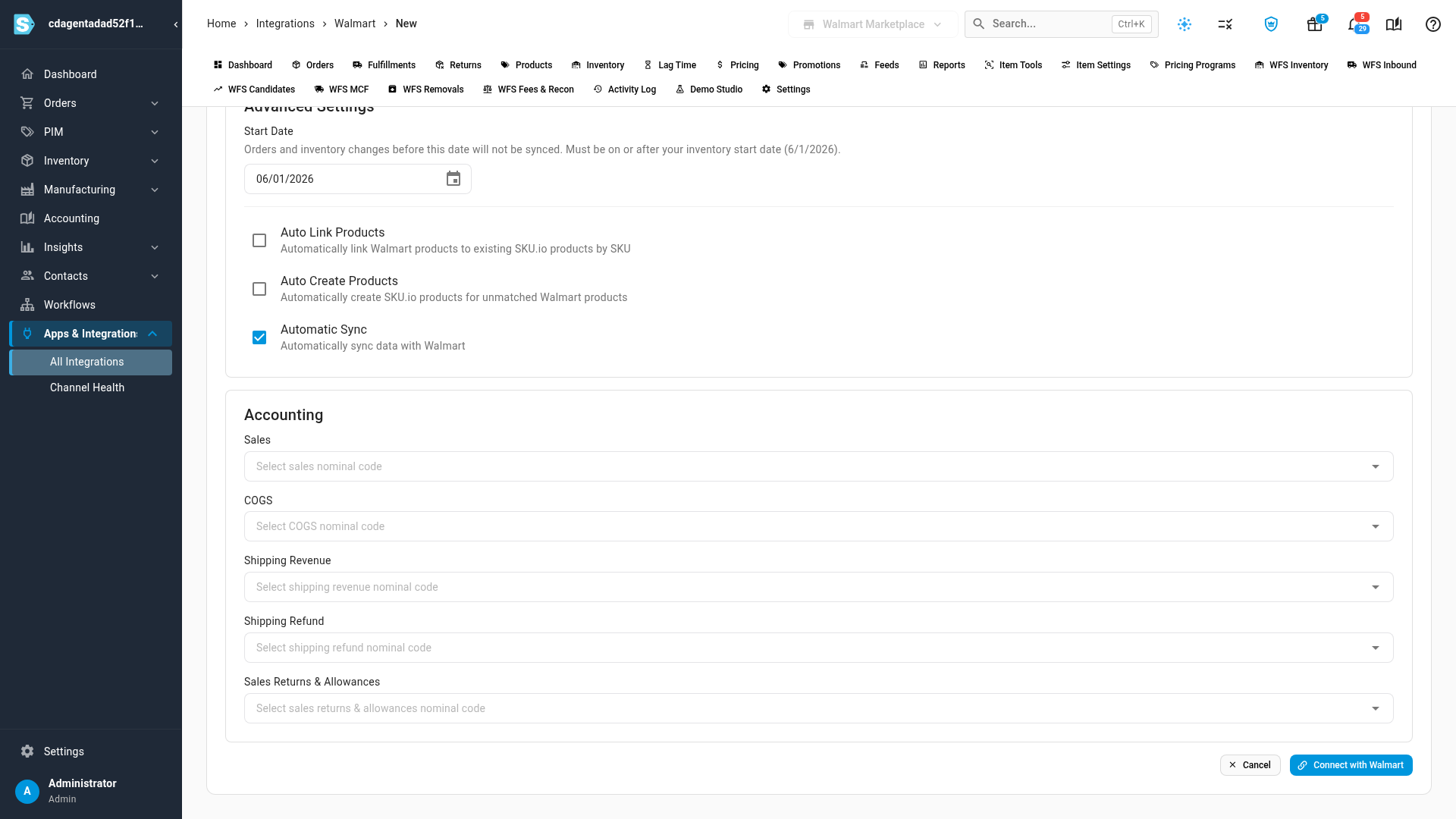 Advanced Settings with the Start Date and the product options