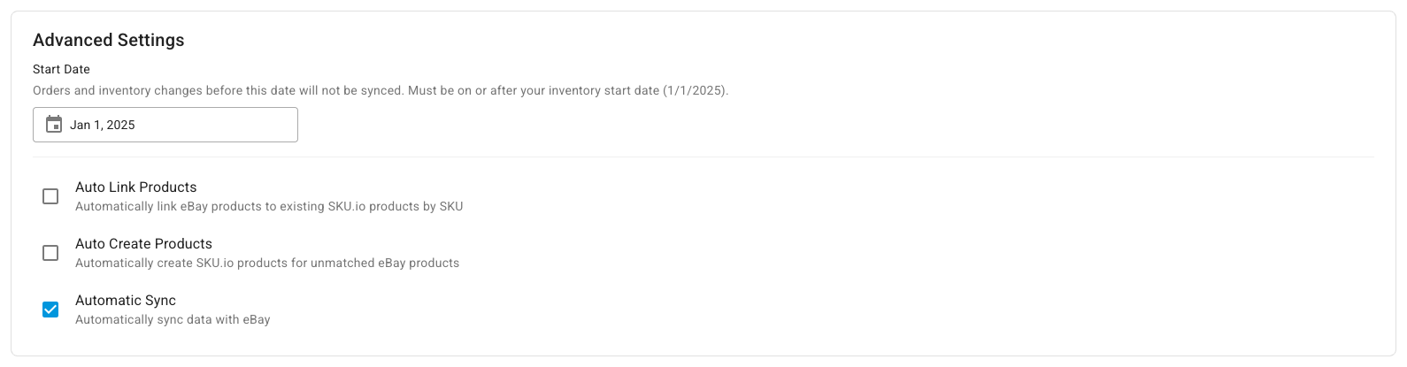 Advanced Settings with Start Date, Auto Link Products, Auto Create Products, and Automatic Sync