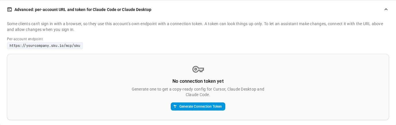 The Advanced panel: the per-account address and a Generate Connection Token button