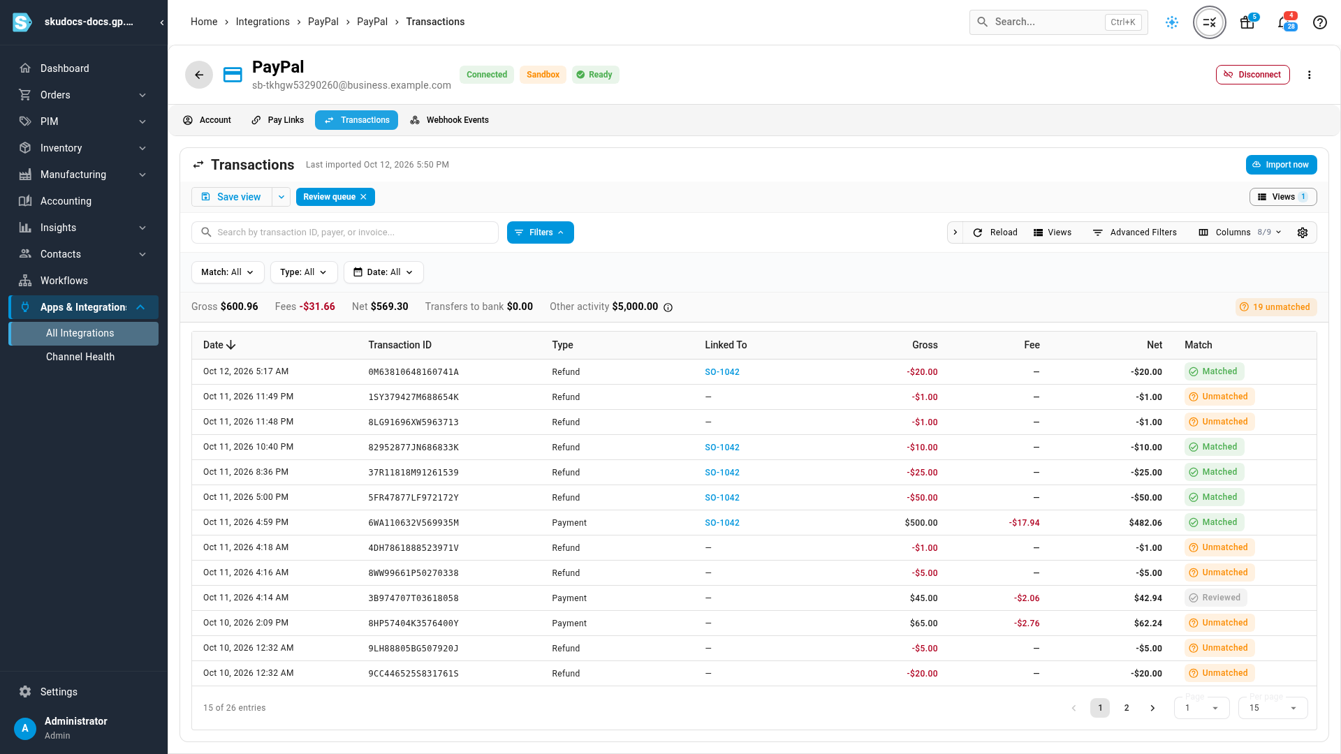 After an import: Last imported shows the new time, and the payment and four refunds for order SO-1042 show Matched with SO-1042 under Linked To, among Unmatched rows and one Reviewed row