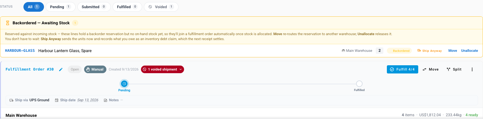 After the void: the Voided filter on the tab, two debt units back in the Backordered — Awaiting Stock panel, and the reopened fulfillment order showing a voided shipment and four units ready