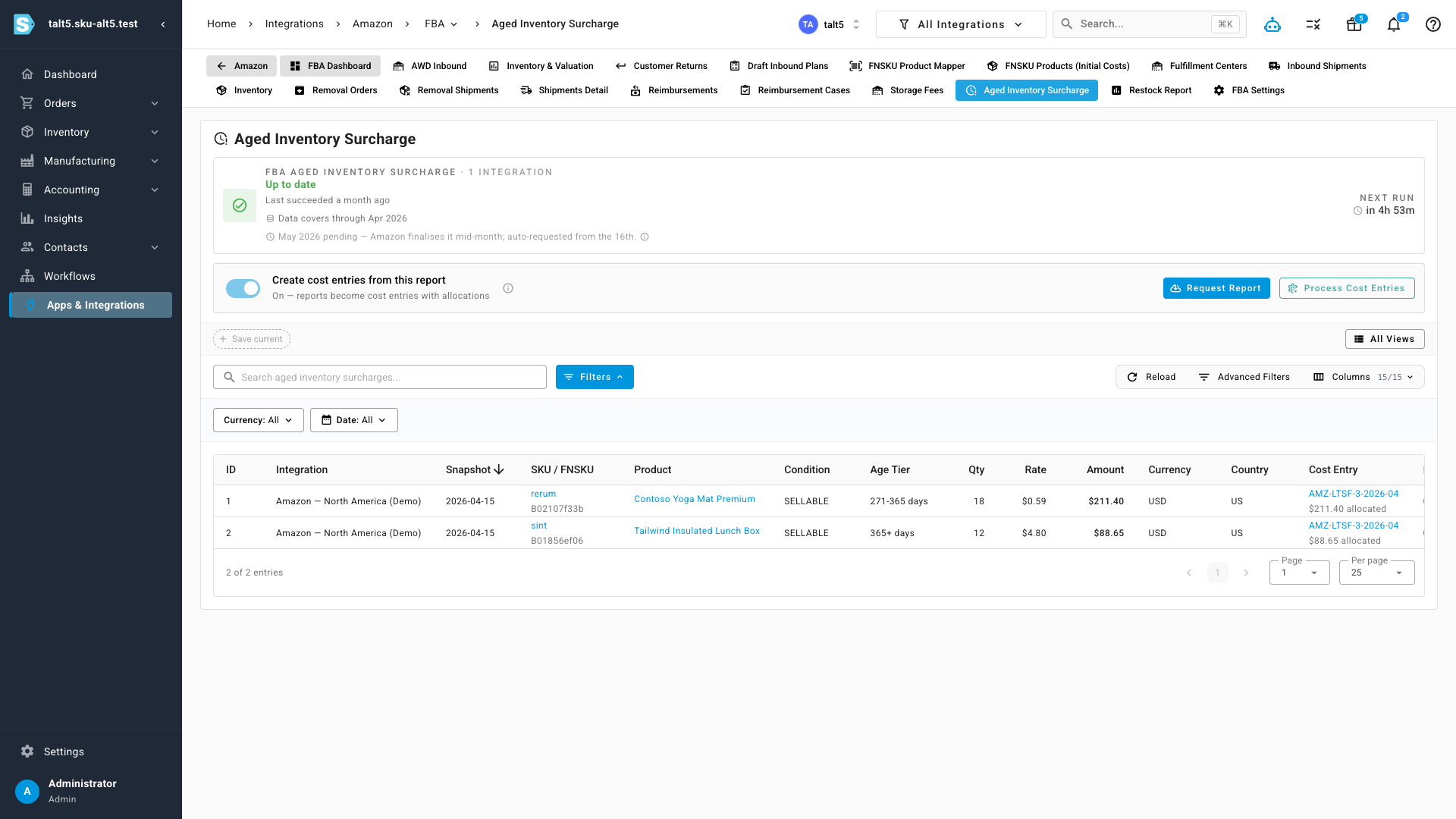 Amazon Aged Inventory Surcharge report page showing per-product surcharges by age tier