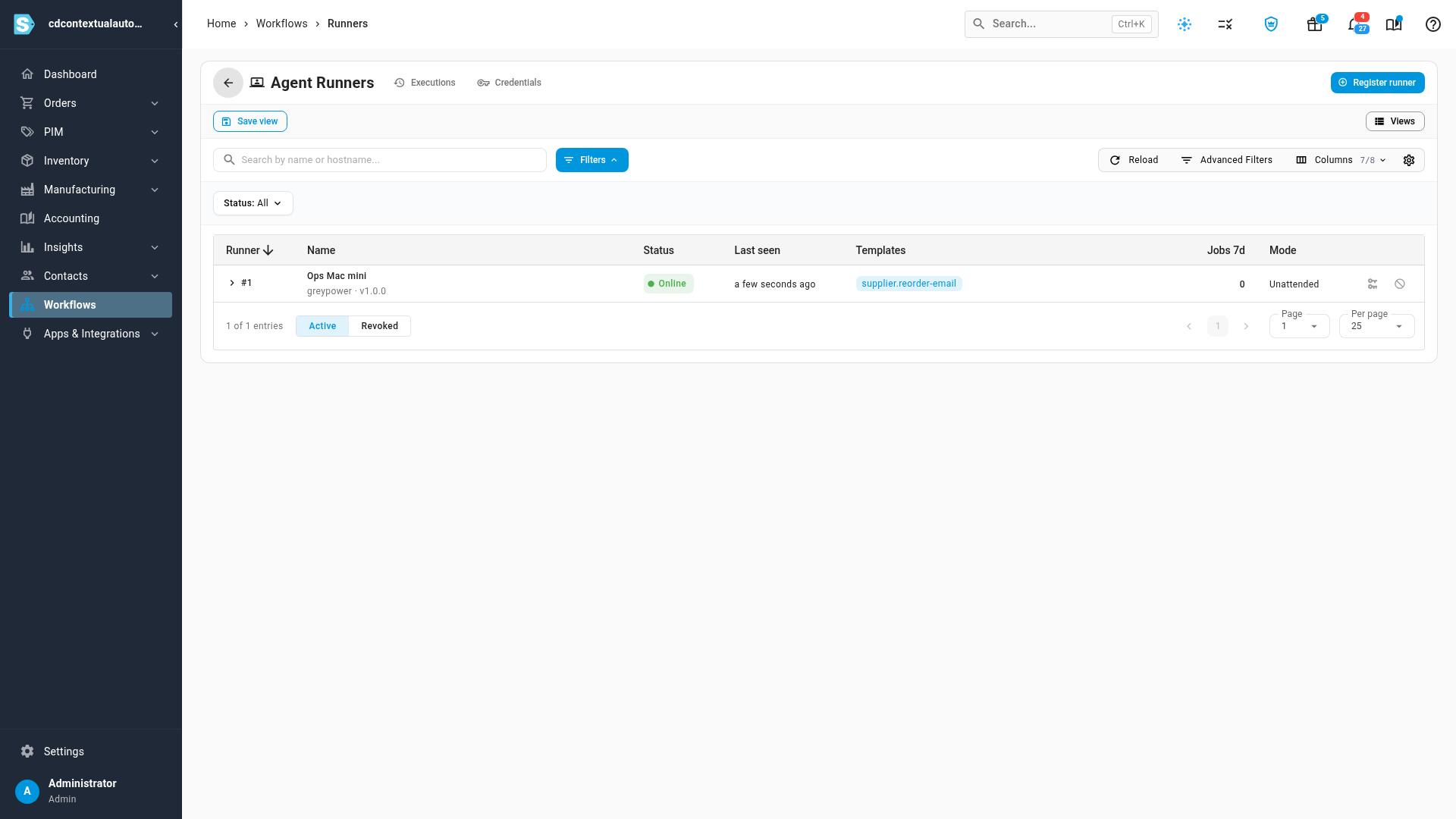 The Agent Runners page with one runner online, offering a reorder-email job