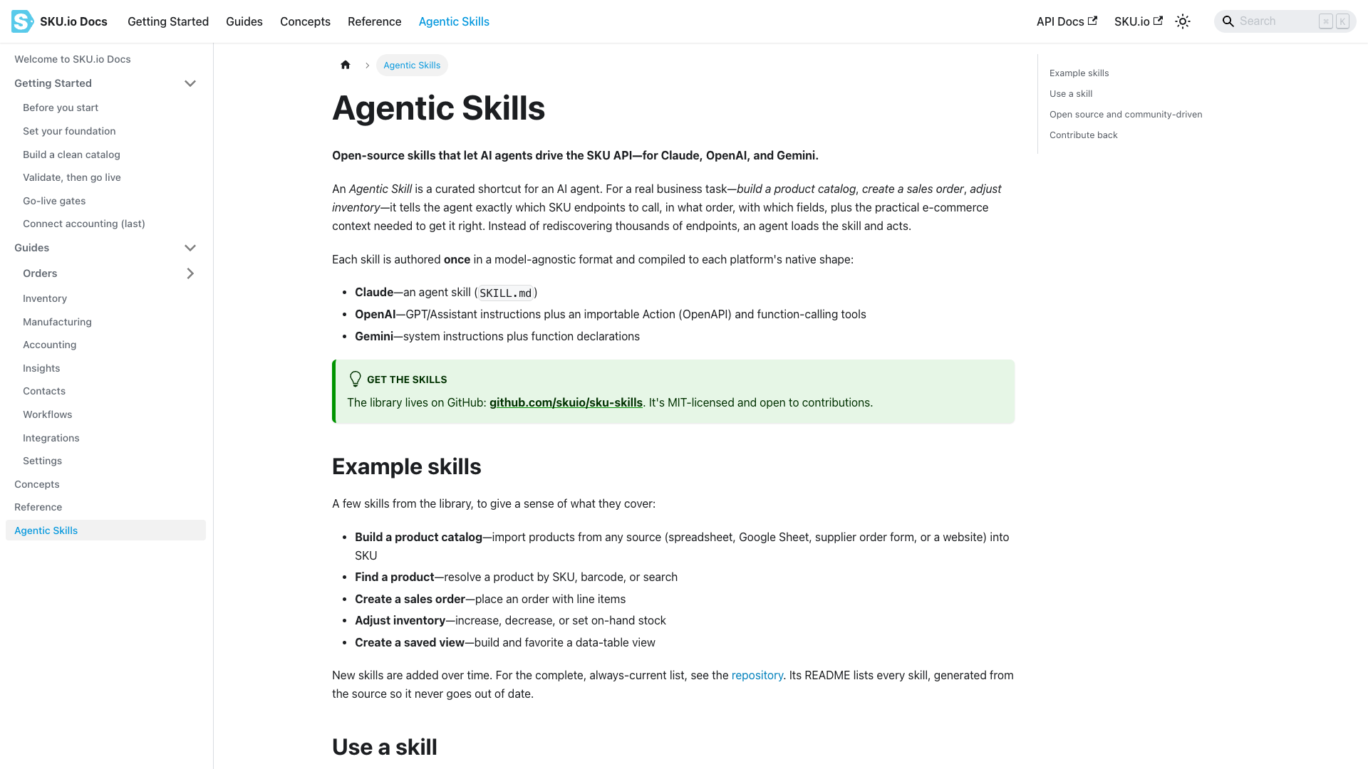 The Agentic Skills page on the SKU.io developer portal, showing the cross-model skill library and example skills