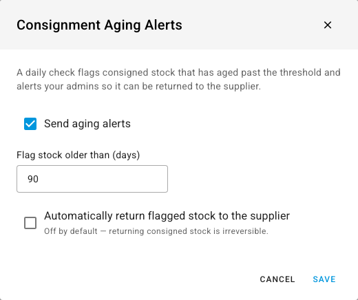 The Consignment Aging Alerts dialog