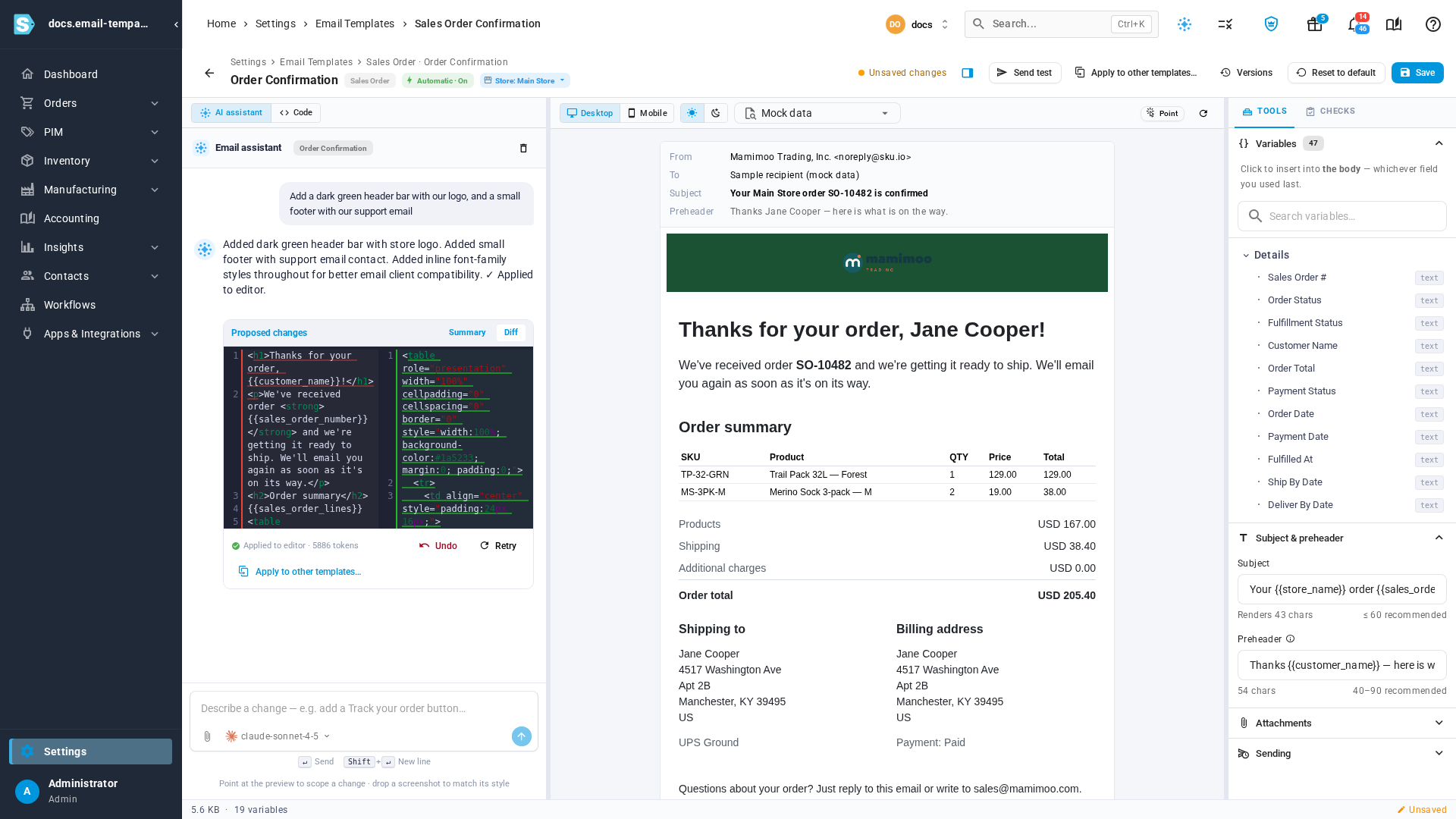 The email assistant beside a live preview of an order confirmation, with a new dark green header and the proposed changes shown as a diff