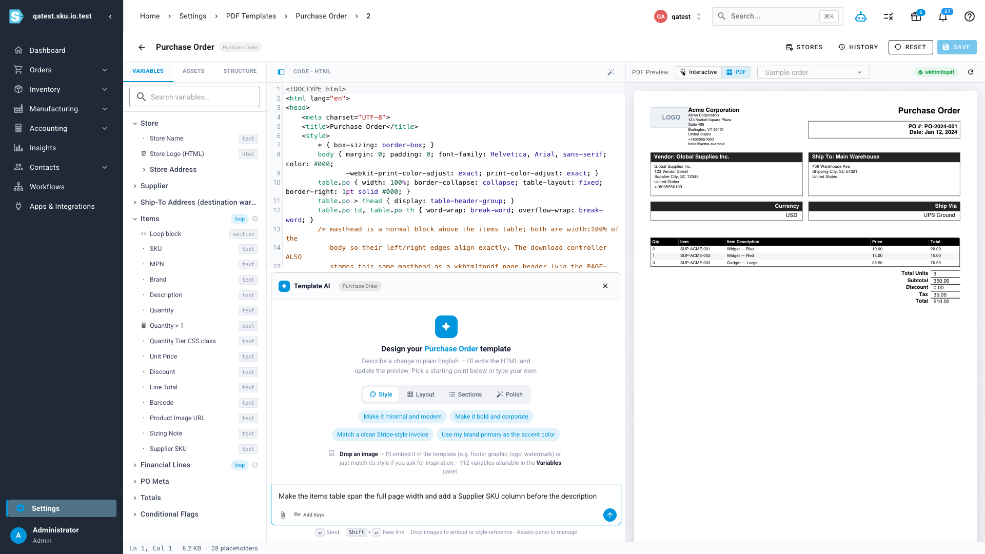 The Template AI drawer with quick-action suggestions and a plain-English instruction typed in