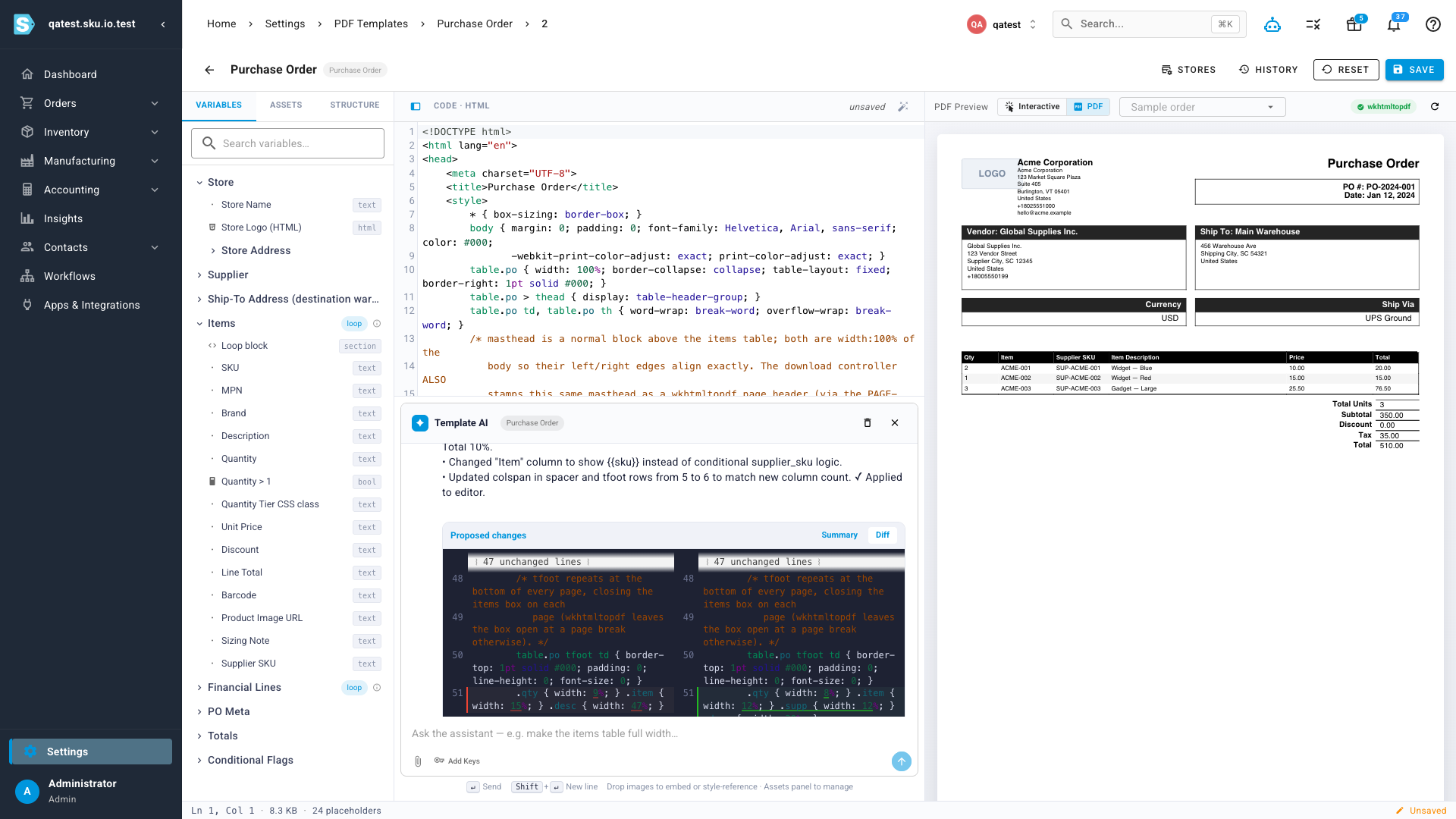 The AI's proposed changes shown as a summary with a side-by-side diff, with the updated purchase order in the preview