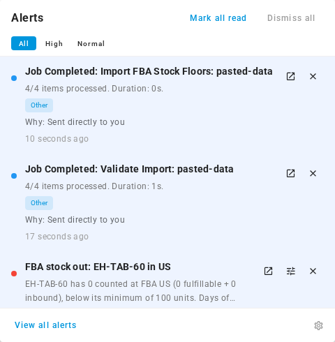 An FBA stock out alert in the alerts bell