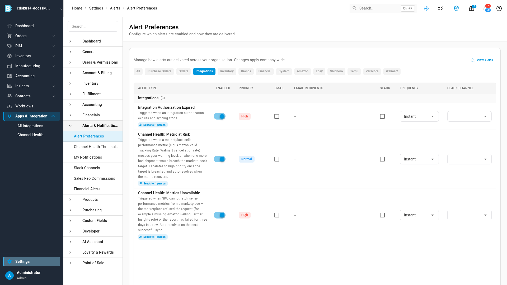 The Channel Health rows on Alert Preferences