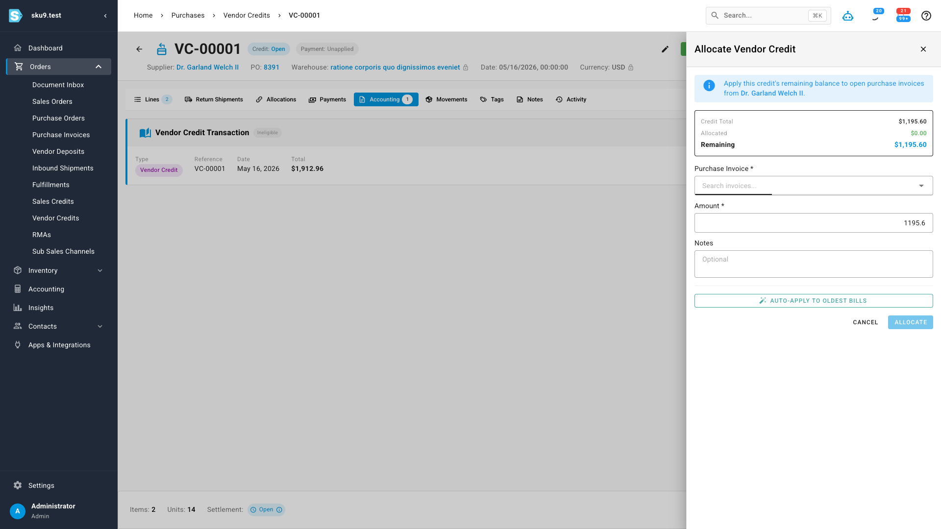 The Allocate Vendor Credit panel showing the credit balance and an option to auto-apply to oldest bills