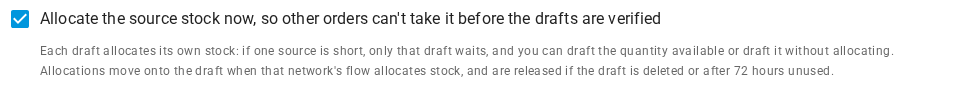 The allocation option in the Draft shipments to the networks dialog, with the note that allocations move onto the draft and are released after 72 hours unused