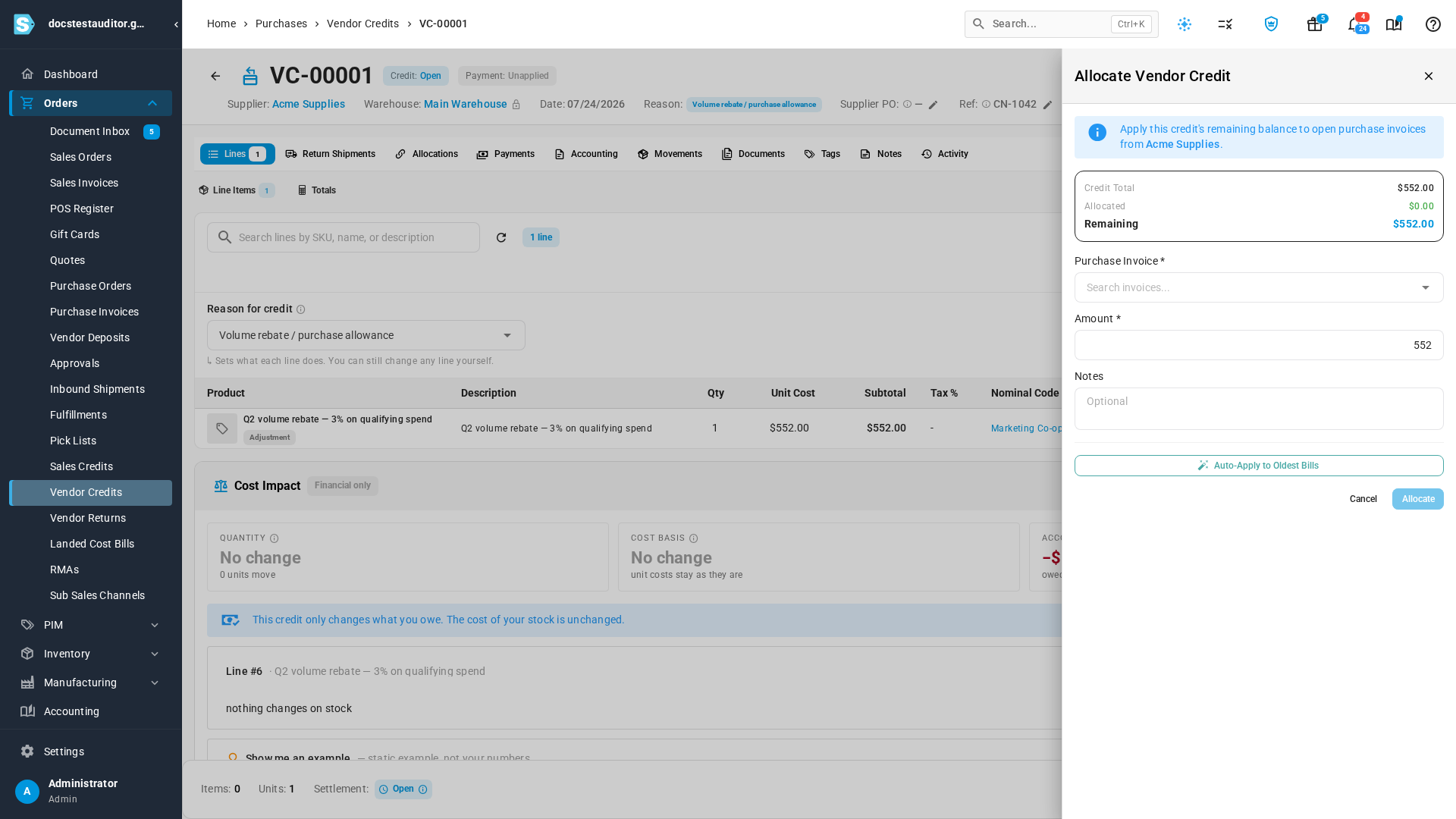 The Allocate Vendor Credit drawer