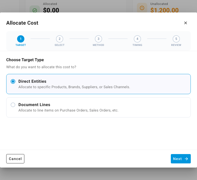 Choose Target Type: Direct Entities or Document Lines