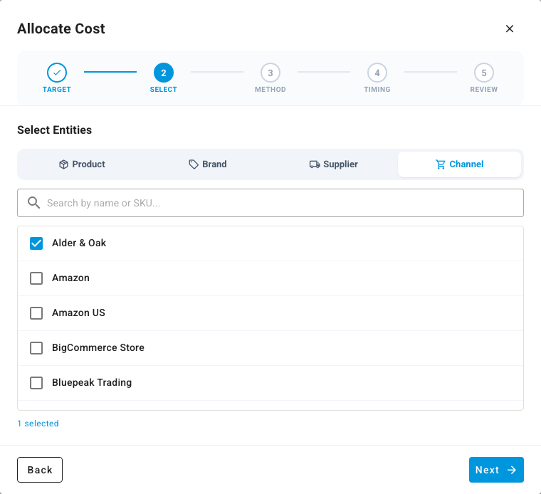 Selecting a sales channel on the Channel tab